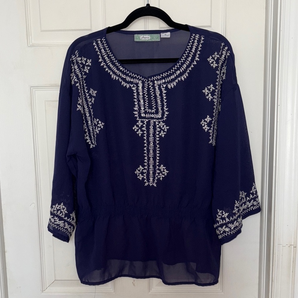 Japna Sheer Embroidered Tunic Top Blue White Size XL